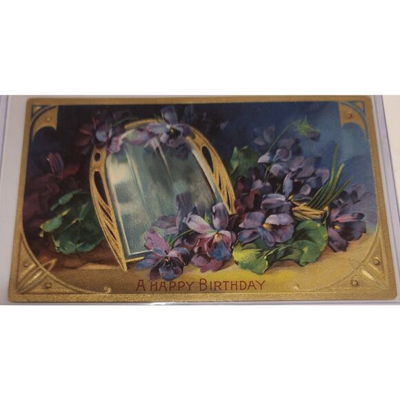 Lot Of Four Vintage Antique Embossed Postcards Flowers Birthday Mirrors - Picture 5 of 9